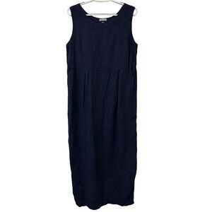 Russ Berens 100% Linen Maxi Dress Size Large Navy Blue Lagenlook Minimalist